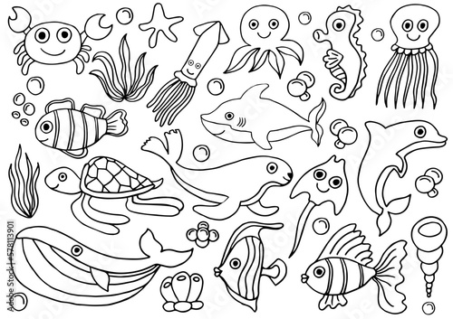 Sea underwater animals set to be colored, the big coloring book for preschool kids with easy educational gaming level.