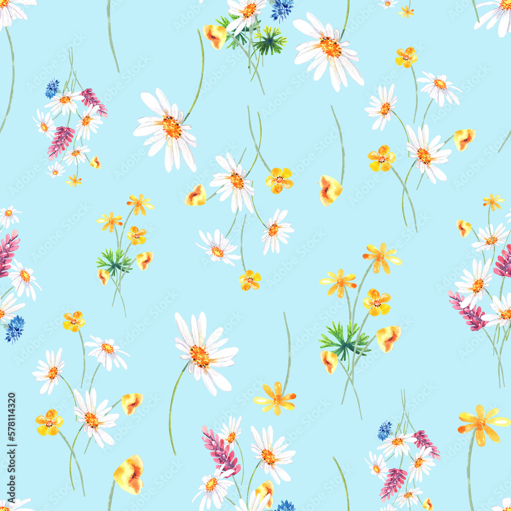 Obraz premium Wildflowers seamless pattern, digital paper. Wildflowers floral arrangement clipart. Stock illustration. Hand painted in watercolor.