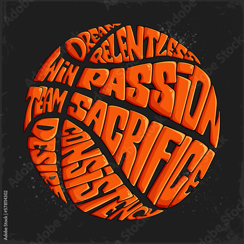 Hand drawn orange Basketball ball Calligram, motivational words shaped in basketball ball