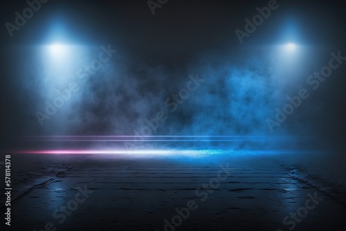 Image of an empty foggy street in smoke with wet asphalt. AI