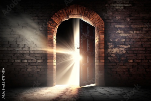Old open doors. Sunlight, open entrance, magic background. AI