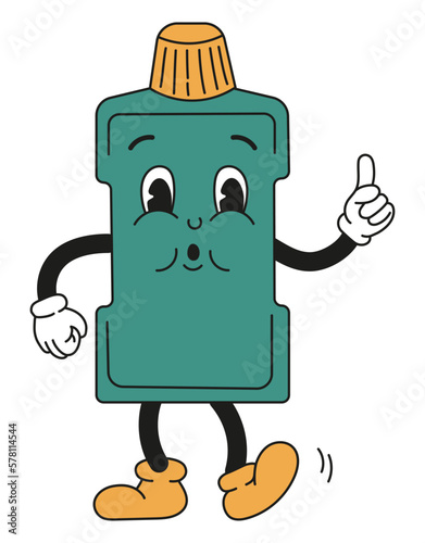 Groovy dental mouthwash in old classic cartoon style. Flat vector illustration. For card, poster, stickers.