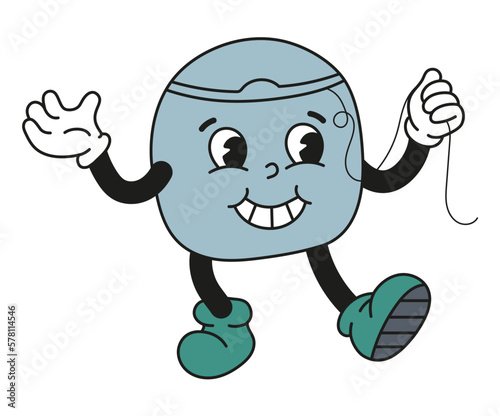 Groovy dental floss in old classic cartoon style. Flat vector illustration. For card, poster, stickers.
