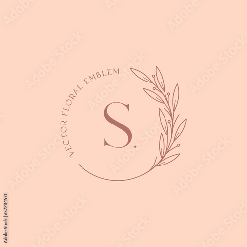 Vector feminine floral emblem.Elegant logo design with linear branch and frame.Modern botanical badge in trendy minimalist style.Branding boho design template.