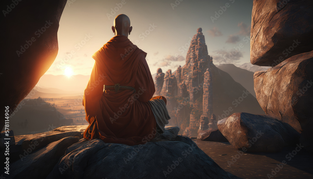 Buddhist monk meditating while sitting on a rock created with generative AI technology