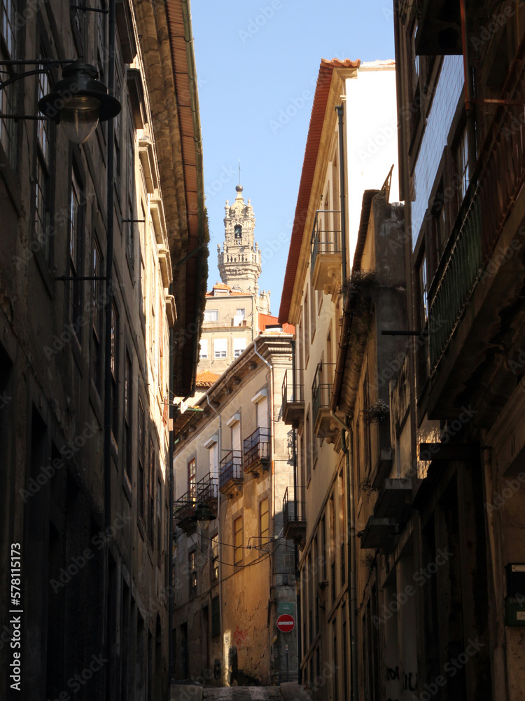 View over Clérigos through the streets of Porto, Portugal