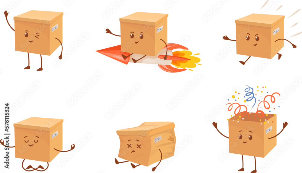 Cartoon Packages and Cardboard Box Characters, Vectors