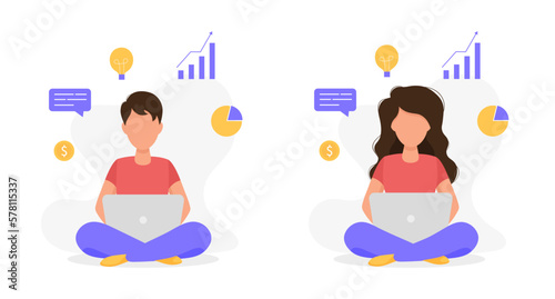 A man and a woman working on a computer, on a laptop in the office, or at home. Freelancer or student. Home office concept. Woman and man earn online. Vector illustration in a flat cartoon style.