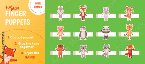 Handmade finger puppets. Child craft cutouts paper puppet toys, kindergarten or preschool education worksheet for activity children, kid zoo animal dolls theatre vector illustration
