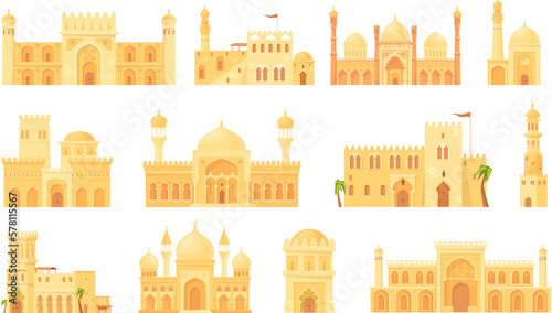 Arabic stone houses. Ancient dubai building, traditional islam architecture ornament old morocco palais arabian heritage mud stall in africa desert, set neat vector illustration