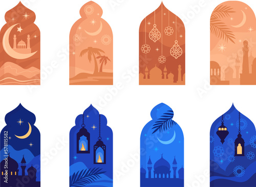 Ramadan arch windows. Arabian window shape with turkish or morocco mosque, beautiful pattern eastern night moon skies islamic lantern eid mubarak concept, neat vector illustration