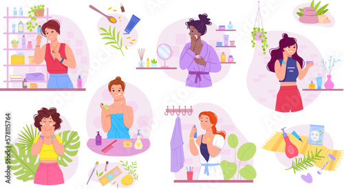 Women skincare routine. Beautiful brunette woman making cleansing care skin moisturizer facial cream beauty korean cosmetics, model girl caring to face, swanky vector illustration