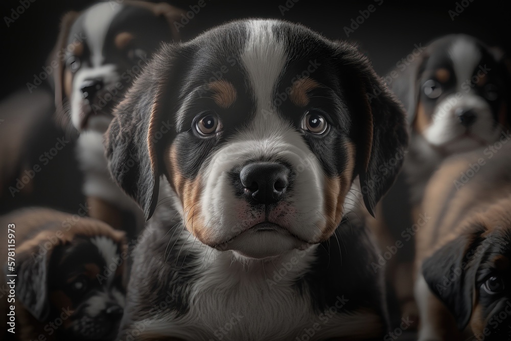 Cute puppy on a dark background. National puppy day concept. AI generation Cute puppy on a dark background. National puppy day concept. AI generation