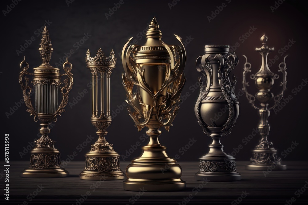 Champion golden and silver trophies placed on wooden table with dark background. AI Generation