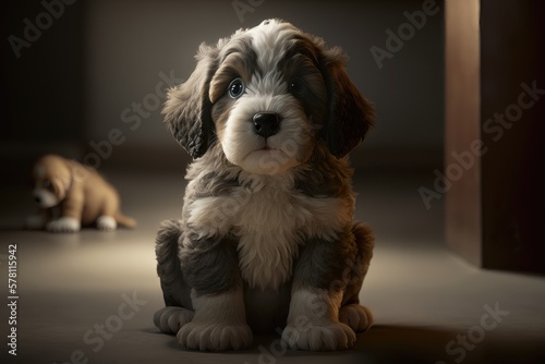 Cute puppy on a dark background. National puppy day concept. AI generation
