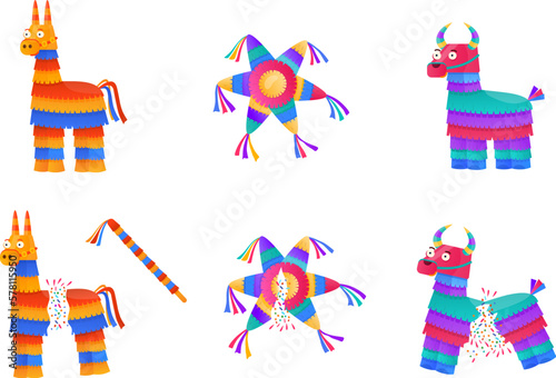 Broken pinata. Cartoon pinatas mexican handcrafted paper toys, stick hitting game birthday party latin carnival holiday, horse star funny donkey candy container vector illustration