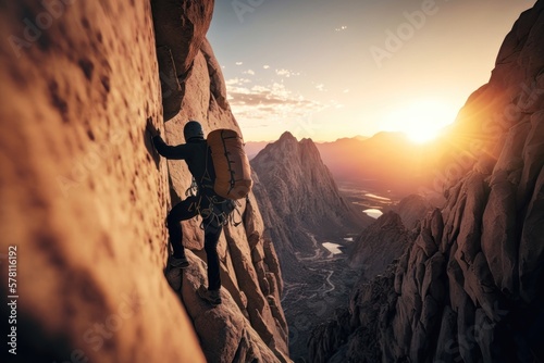 Young man climbing wall with belay with sunrise valley on the background. AI Generation photo