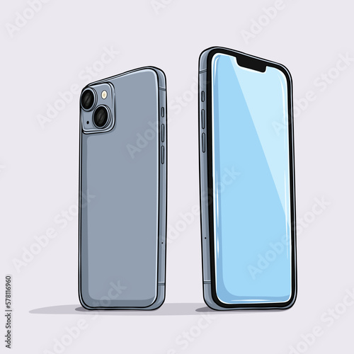 Hand drawn smart phone front and back, Cellphone with blank display isolated on white background