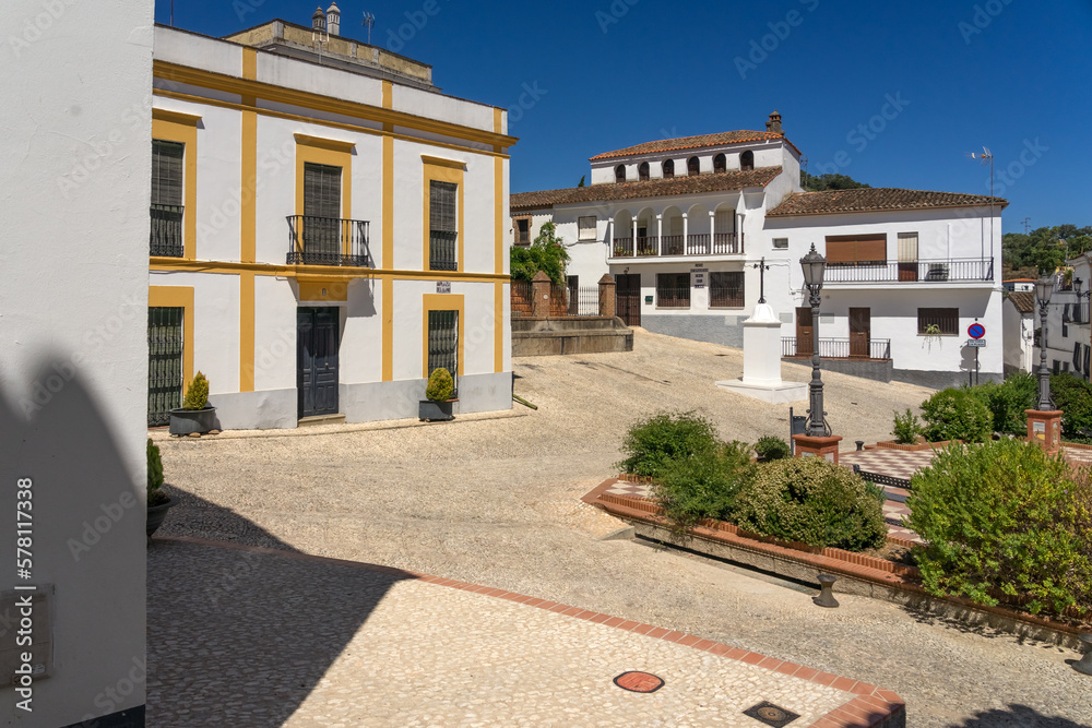 Beautiful Square of Llano with its typical white facades in Almonaster La Real in Huelva province, Andalucia, Spain.