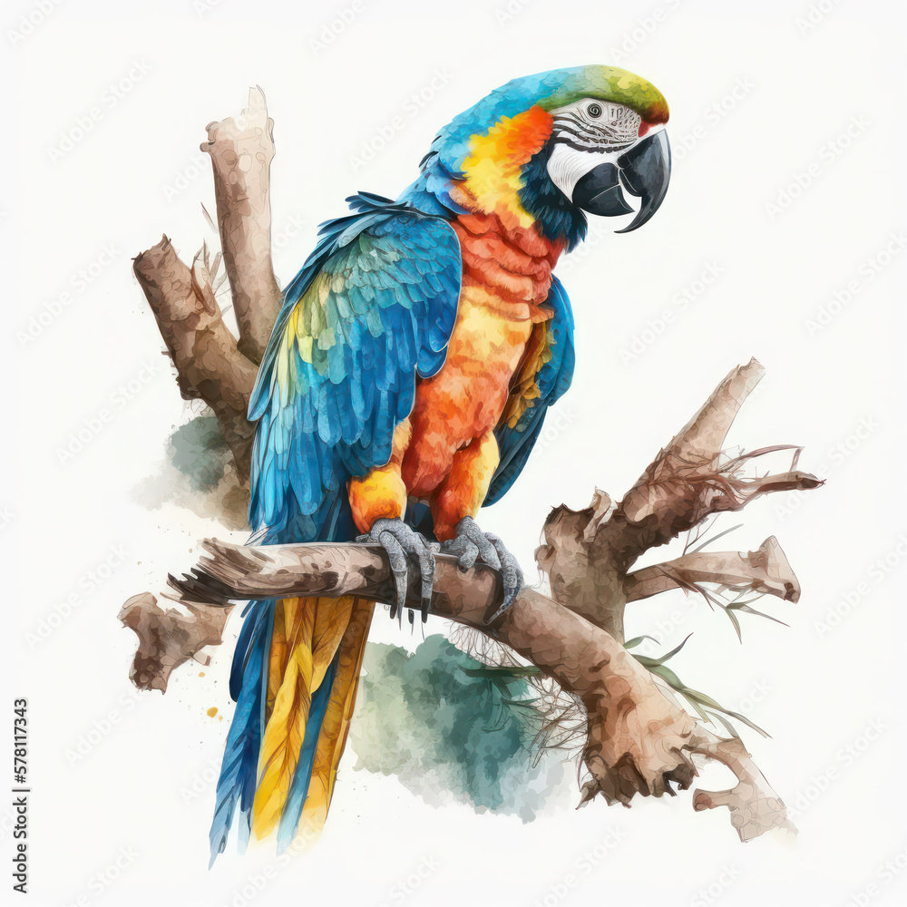 Watercolor drawing of a parrot Macaw on a branch . generative AI