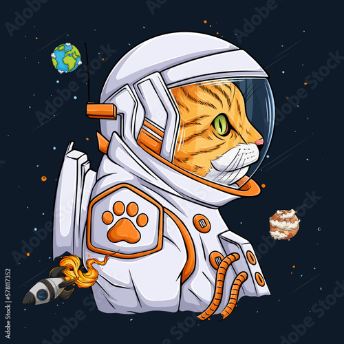 Hand drawn funny cat wearing astronaut spacesuit. Spaceman or cosmonaut cat over rocket and planets.