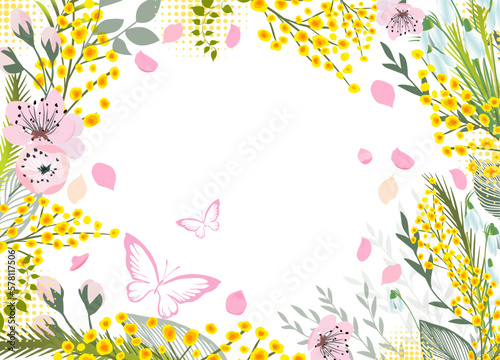 Happy women's day greeting card. 8 march women's day poster or banner . Frame with spring flowers. Postcard for text. Vector illustration