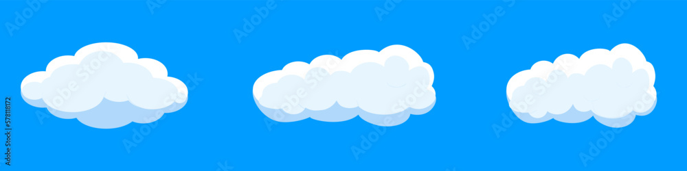 White cartoon clouds set isolated on blue background. Collection of different clouds for background template, wallpaper and fluffy sky design. Flat clouds concept. 3D clouds vector illustration White cartoon clouds set isolated on blue background. Collection of different clouds for background template, wallpaper and fluffy sky design. Flat clouds concept. 3D clouds vector illustration
