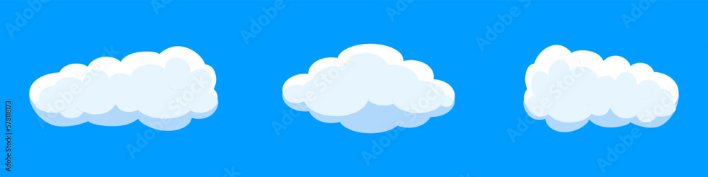 White cartoon clouds set isolated on blue background. Collection of different clouds for background template, wallpaper and fluffy sky design. Flat clouds concept. 3D clouds vector illustration White cartoon clouds set isolated on blue background. Collection of different clouds for background template, wallpaper and fluffy sky design. Flat clouds concept. 3D clouds vector illustration