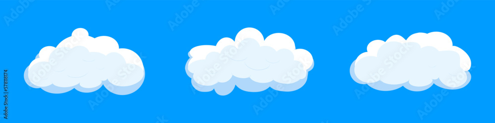 White cartoon clouds set isolated on blue background. Collection of different clouds for background template, wallpaper and fluffy sky design. Flat clouds concept. 3D clouds vector illustration White cartoon clouds set isolated on blue background. Collection of different clouds for background template, wallpaper and fluffy sky design. Flat clouds concept. 3D clouds vector illustration