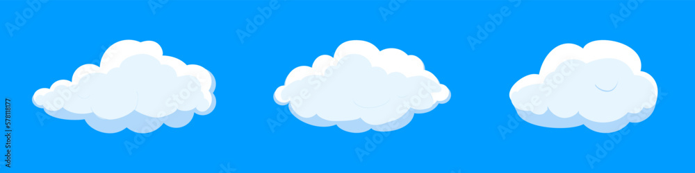 White cartoon clouds set isolated on blue background. Collection of different clouds for background template, wallpaper and fluffy sky design. Flat clouds concept. 3D clouds vector illustration White cartoon clouds set isolated on blue background. Collection of different clouds for background template, wallpaper and fluffy sky design. Flat clouds concept. 3D clouds vector illustration