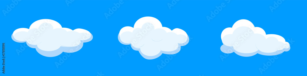 White cartoon clouds set isolated on blue background. Collection of different clouds for background template, wallpaper and fluffy sky design. Flat clouds concept. 3D clouds vector illustration White cartoon clouds set isolated on blue background. Collection of different clouds for background template, wallpaper and fluffy sky design. Flat clouds concept. 3D clouds vector illustration
