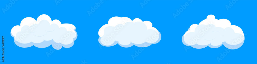 White cartoon clouds set isolated on blue background. Collection of different clouds for background template, wallpaper and fluffy sky design. Flat clouds concept. 3D clouds vector illustration White cartoon clouds set isolated on blue background. Collection of different clouds for background template, wallpaper and fluffy sky design. Flat clouds concept. 3D clouds vector illustration