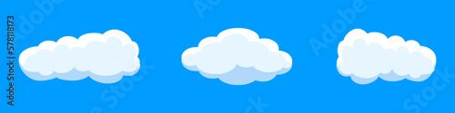 White cartoon clouds set isolated on blue background. Collection of different clouds for background template, wallpaper and fluffy sky design. Flat clouds concept. 3D clouds vector illustration