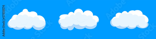 White cartoon clouds set isolated on blue background. Collection of different clouds for background template, wallpaper and fluffy sky design. Flat clouds concept. 3D clouds vector illustration