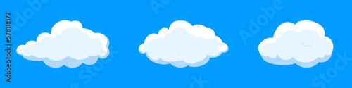 White cartoon clouds set isolated on blue background. Collection of different clouds for background template, wallpaper and fluffy sky design. Flat clouds concept. 3D clouds vector illustration