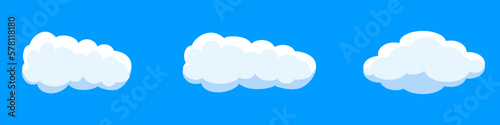 White cartoon clouds set isolated on blue background. Collection of different clouds for background template, wallpaper and fluffy sky design. Flat clouds concept. 3D clouds vector illustration