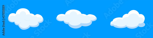 White cartoon clouds set isolated on blue background. Collection of different clouds for background template, wallpaper and fluffy sky design. Flat clouds concept. 3D clouds vector illustration