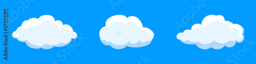 White cartoon clouds set isolated on blue background. Collection of different clouds for background template, wallpaper and fluffy sky design. Flat clouds concept. 3D clouds vector illustration