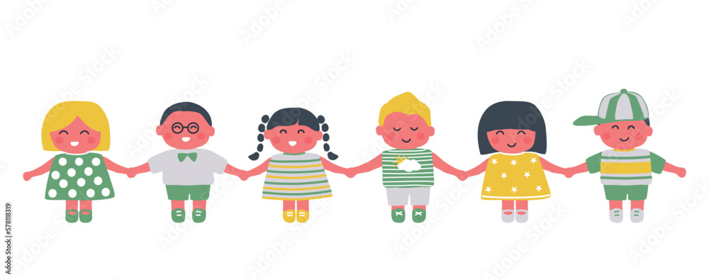 little children holding hands. Cute baby girls and baby boys. Different cartoon characters. Vector illustration