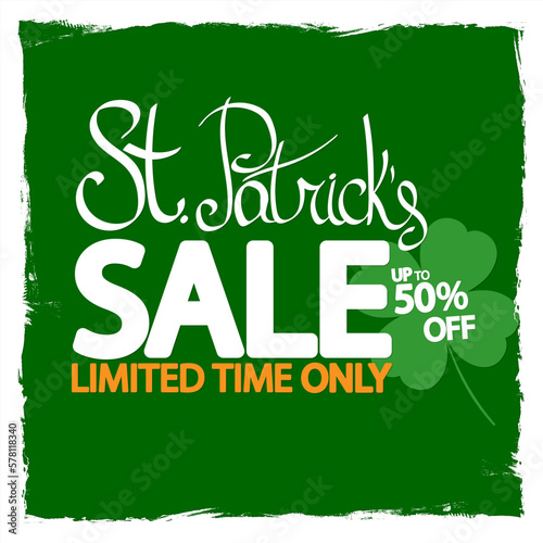 Patrick's Day Sale up to 50% off, poster design template, season best offer. Discount banner for online shop, vector illustration.