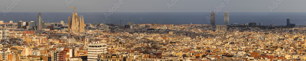 Panoramic view on Barcelona, Spain, from Parque del Turó del Putxet in golden hour