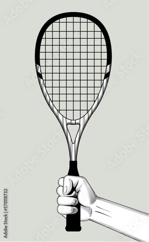 Hand with a tennis racket. Vintage  black and white stylized drawing. Vector illustration