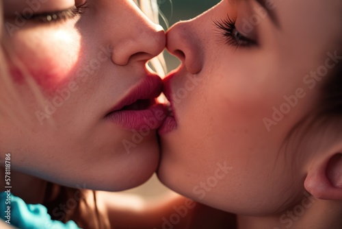 Attractive young lesbian women kissing. Generative AI photo