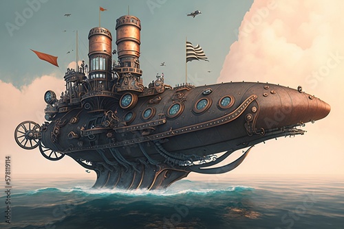 Concept of a large flying machine sailing in the sea in steampunk style. Generative AI.