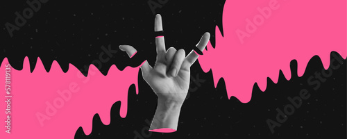 Collage banner with halftone effect hand with gesture Rock. Ripped off fingers and sweat. Textured background with abstract space and stars. Psychedelic poster. New Wave. Punk