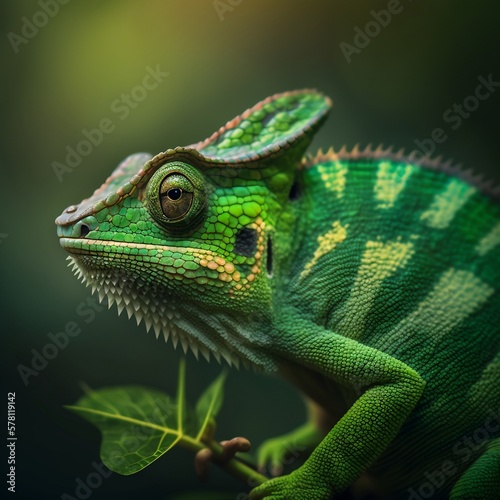Green colored chameleon sitting on the branch close up on blurred background. Generative AI.