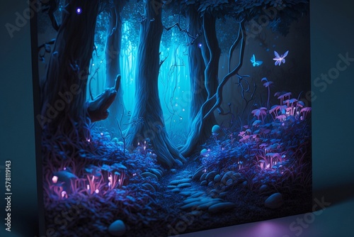 Gloomy fantasy forest scene at night with glowing lights. Generative AI. © _aine_