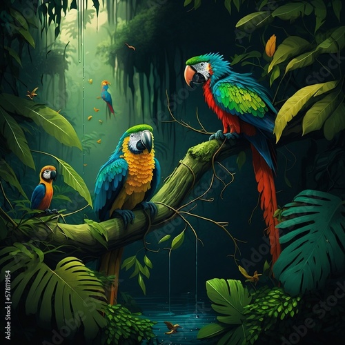 Illustration of a tropical rainforest with parrots. Generative AI.