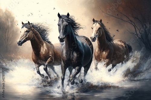 Three horses run along the river. Generative AI.