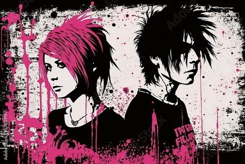 Modern emo goth couple background, banner in 2000s style, cartoon, pink and black splashes. Generative AI.